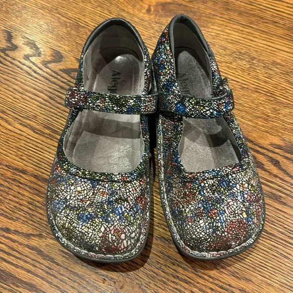 Alegria Belle Cathedral leather multicolor black web velcro strap Mary Jane shoe - Picture 3 of 7